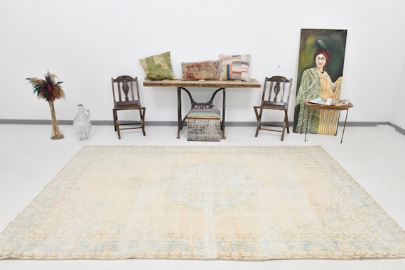 7x10 Vintage Persian Rug, Distressed  Vintage Pastel Brown and Beige Oversize Area Rug Rustic Antique Carpet Living Room Dining Room Carpets