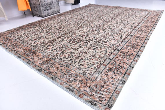 6x8 Vintage Distresssed Area Rug, Handmade Wool Rug, Peach Green Color, 6x8 Living Room Bedroom Rug, 6x8 Farmhouse Decor Rug, 6x8 Area Rug