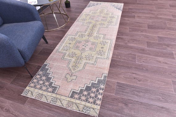 3x8 Vintage Faded Runner Rug, Salmon Mustard Color, 3x8 Handmade Geometric Runner, 3x8 Elegant Runner, 3x8 Hallway Rug, 3x8 Kithcen Rug,