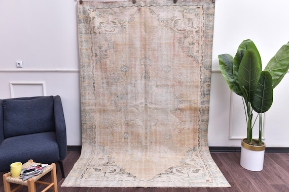 5x9 Vintage Faded Cream Rug, Floral Medallion Design, Handmade, Living Room Rug, Cream Brown Red Color