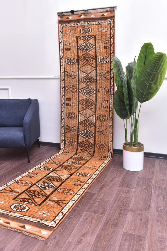 2x12 Vintage Copper Hallway Rug, Turkish Handmade Wool Rug, Kithcen Rug, 2x12 Tribal Rug