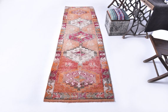 3x10 Mid Century Vintage Runner Rug, 3x10 Vintage Runner, Handmade Wool Rug, 3x10 Rugs, Shades Of Red Orange Runners, Vintage Runner 3x10