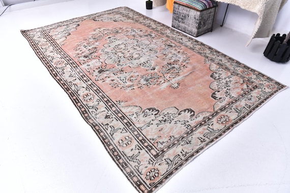 6x9 Vintage Pink Area Rug, 6x9 Pink Black Color, 6x9 Medallion Pattern, Turkish Oushak Style Large Living Room Rug, 6x9 Distressed Rug
