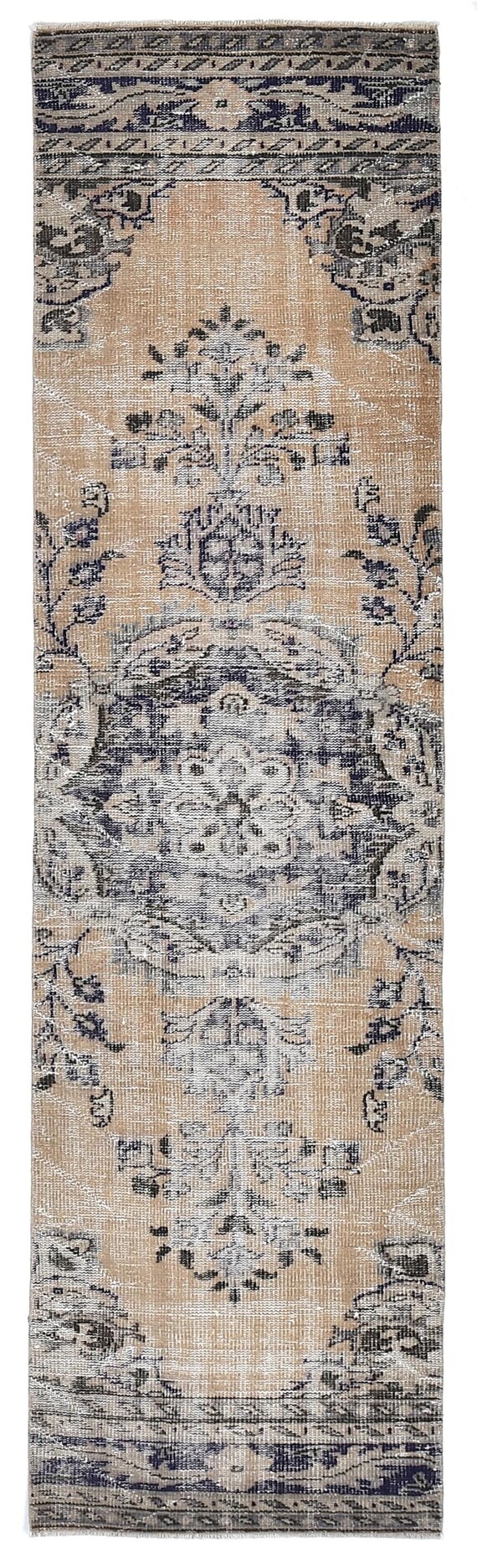 3x10 Blue Tan Beige Turkish Runner Rug, 3x10 Vintage Runner, 3x10 Rug, Wool Hand Woven Runner Rug, 3x10 Runner Rug, 3x10 Turkish Runner,