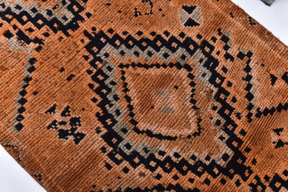 3x9 Soft Terracotta Turkish Runner Rug, 3x9 Turkish Runner, 3x9 Rug, Thick Handmade Wool Rug, Pumpink Orange & Navy Blue Rug, Vintage Runner