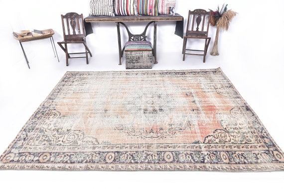 6x9 Area Rug, 6x9 Rugged Vintage, 6x9 Peach Red Turkish Vintage Rug, 6x9 Vintage Rug, Handmade Wool Rug, 6x9 Rugs, Distressed Oriental Style