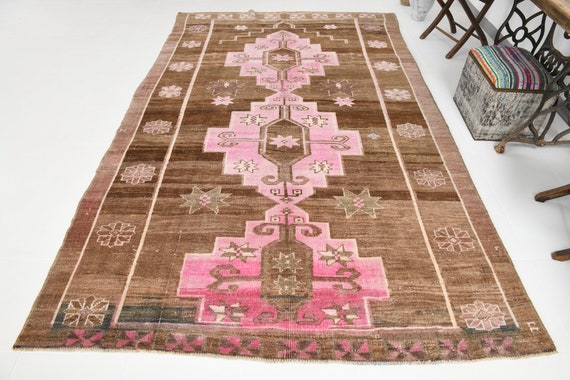 7x11 Turkish Vintage Area Rug, Brown Pink Vintage Rug, Oversize Vintage Rug, Large Area Rug, 7x11, Handmade Wool Rug, 7x11 Rug,