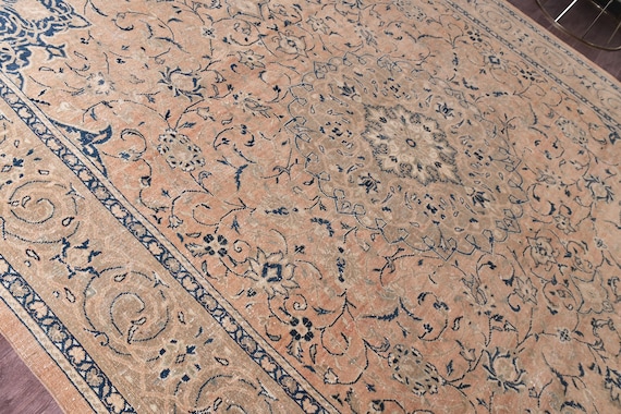 9x13 Antique Persian Area Rug, 9x13 Salmon Blue Brown Color, Oriental Rug, 9x13 Living Room Decor, 9x13 Oversize Rug, Handmade Wool Rug
