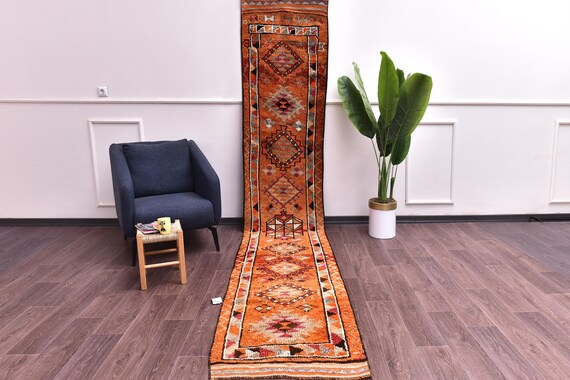 2x13 Vintage Soft Hallway Runner Rug, Copper Peach Brown Color, Handmade Wool Rug, Tribal Design
