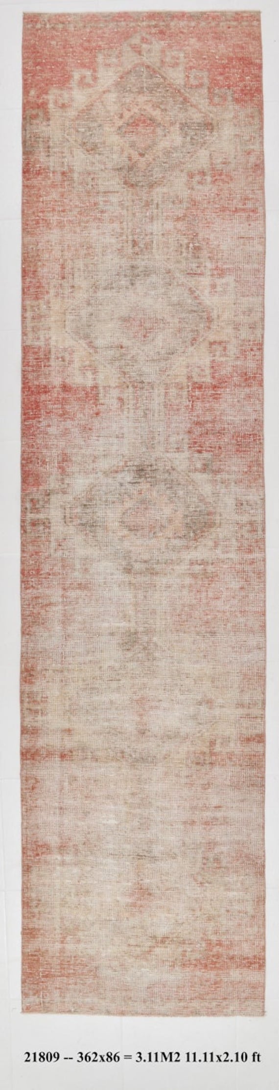 Runner Rug 3x12, 3x12 TURKİSH VİNTAGE RUNNER Rug, Coral Brown Runner Rug, Wool Handmade Oushak Rug, Long Hallway Runner, 1962s Antique Rugs