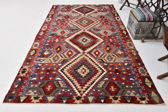 5x10 Vintage Turkish Kilim Area Rug, 5x10 Handmade Wool Geometric Pattern Living Room Tapis, 1960s Antique Carpets