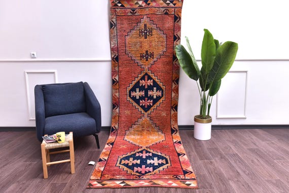 3x11 Vintage Wool Runner Rug, Handmade Soft Wool, Traditional Design, Farmhouse Decor, Red Navy Blue Color