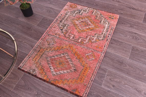 2x3 Vintage Persian Doormat Rug, Traditional Bath Decor, 2x3 Distressed Rug, Handmade Home Decor, Red Peach Color, 2x3 Accent Rug