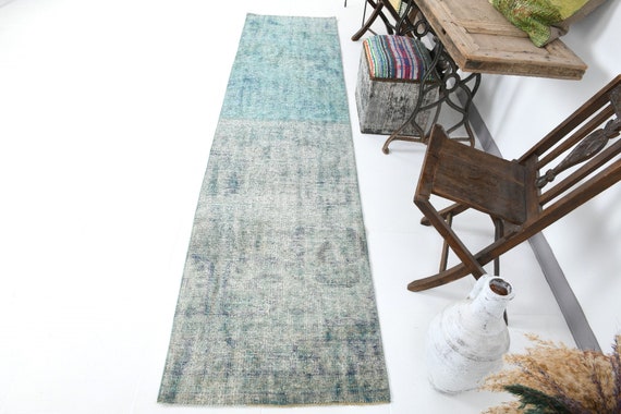 2x10 Runner Rug, 2x10 Pastel Turkish, 2x10 Faded Vintage Turkish Runner Rug, Handmade Wool Rug, 2x10 Rug, Blue & Green Rug, Rug For Kitchen