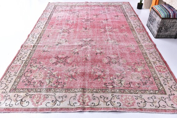 7x10 Vintage Faded Floral Rug, Red Cream Color, 7x10 Handmade Wool Rug, Farmhouse Rug, 7x10 Oriental Faded Rug, living Room Rug