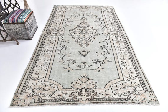 5x9 Vintage Faded Turkish Rug, Muted Green Cream Color, Handmade Wool Rug, 4x7 Area Rugs, Farmhouse Rug, 5x9 Living Room Bedroom Rug,
