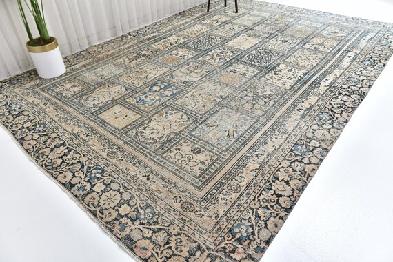 9x12 Antique Rare Geometric Design Persian Style Area Rug, 9x12 Blue Beige Oriental Rug, 9x12 Living Room Decor, 9x12 Handmade Wool Rug,
