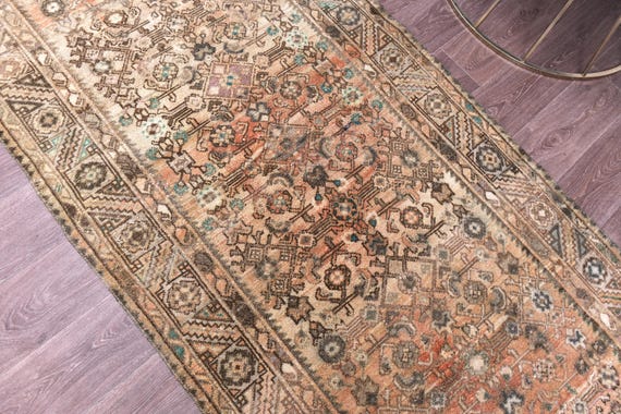 3x13 Antique Brown Persian Runner Rug, 3x13, Handmade Persian Heriz, Brown Peach Color, 3x13 Runner Rug, 3x13 Heriz Runner For Hallway 56s