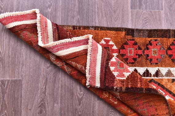 3x14 Runner Rug, 3x14 Vintage Runner, 3x14 GEOMETRIC RUNNER RUG, 3x14 Wool Handwoven Rug, Kilim Runner 3x14 Red & Peach Runner Rug