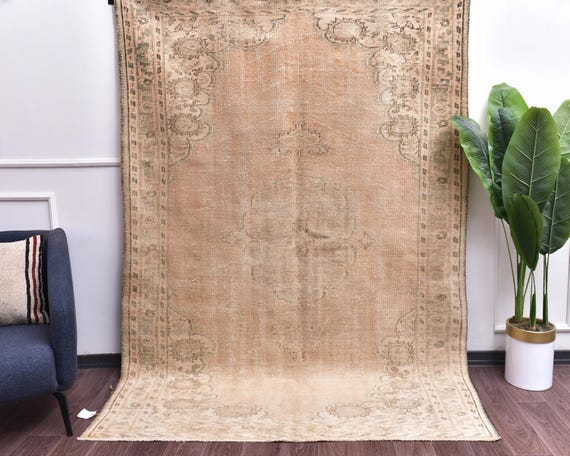 6x8 Neutral Vintage Handmade Turkish Distressed Living Room Rug, Copper Cream Color, Outlet