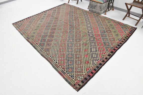 7x8 Handmade Turkey Vintage Kilim Rug, Traditional Turkish Design, Living Room Bedroom Rug, Wool Jute Material