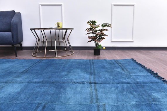 5x7 Vintage Hemp Accent Rug, 5x7 Indigo Blue Color, 5x7, Fringed Handmade Hemp, 5x7 Hemp Rug, Bohemian Eclectic Style, Traditional Area Rug