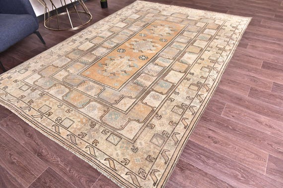 6x10 Vintage Faded Turkish Rug, Brown Blue Orange Color, 6x9 Area Rug, Farmhouse Decor, Geometric Design Rug, 6x9 Rug, Living Room Rug