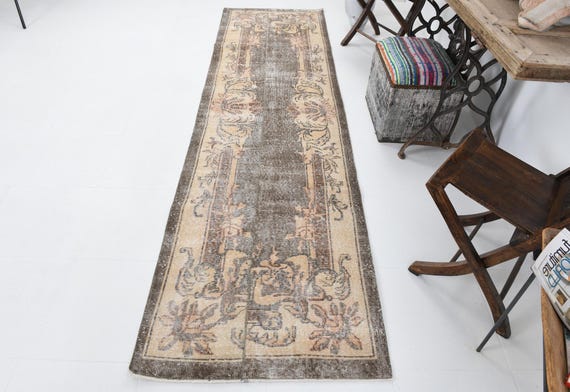 3x10 Cream Brown Vintage Runner Rug, 3x10 Vintage Runner, 3x10 Wool Hand-Woven runner Rug, 3x10 Runner Rug, 3x10 Turkish Runner, Hallway Rug