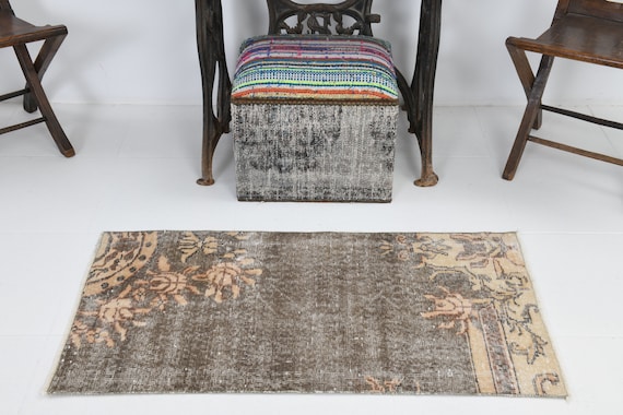 2x3 Small Turkish Vintage Rug,2x3 Vintage Door Mat Rug, Brown Door Mat Rug, Brown Beige Rug, Shabby Chic Floral Rug Turkey Rug, 1.9x3.8 Ft