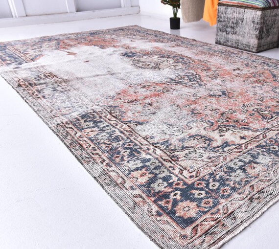 5x9 Vintage Faded Turkish Rug, 5x9 Red Blue Color,Handmade Wool Rug, Traditional Pattern, 5x9 Farmhouse Rug, 5x9 Living Room Bedroom Rug