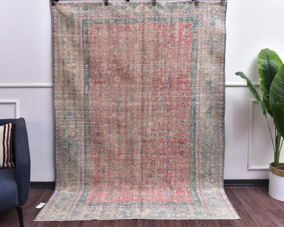 6x8 Vintage Borders Handmade Turkish Distressed Living Room Rug, Red Green Color, Outlet