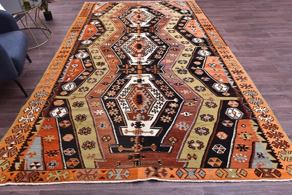 7x12 Turkish Vintage Kilim Area Rug, Black Red Vintage Rug, Oversize Vintage Kilim, Large Area Rug, 7x12, Handmade Wool Rug, 7x12 Rug,