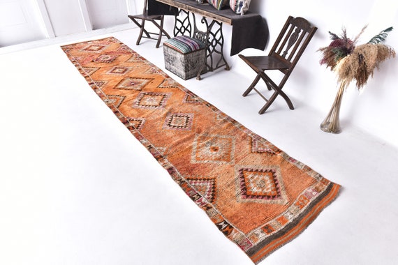 3x14 Soft Vintage Turkish Runner Rug, 3x14 Turkish Runner, 3x14 Rug, Long Handmade Hallway, Turkish Rug Runner, Orange Rug, Rug For Kitchen