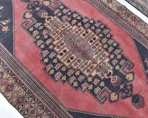 4x8 Navy Blue and Pink Vintage Rug, 4x8 Vintage Rug 4x8 Rug Wool Handmade Oushak Rug 4x8 Area Rug Oriental Style 4x8 Turkish Rug Farmhouse