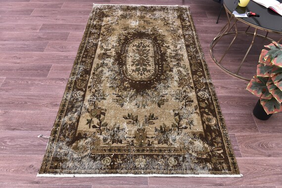 4x7 Vintage Brown Tones Medallion Accent Rug, Handmade Wool, Traditional Home Decor, Living Room Bedroom Capet