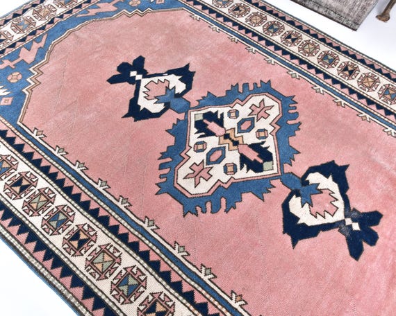 6x9 Pink & Blue Vintage Rug, 6x9 Vintage Rug, Handmade Wool Oushak, 6x9 Rugs, Mid Century Modern Rug, Living Room, Bedrooom, Vintage Rug 6x9