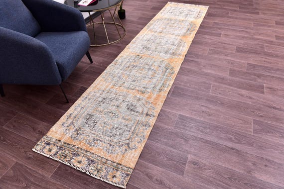 2x11 Vintage Faded Geometric Runner Rug, Muted Terracotta Mint Green Color, 2x11 Handmade Wool Rug, Hallway Kitchen Runner Rug, 2x11 Rugs