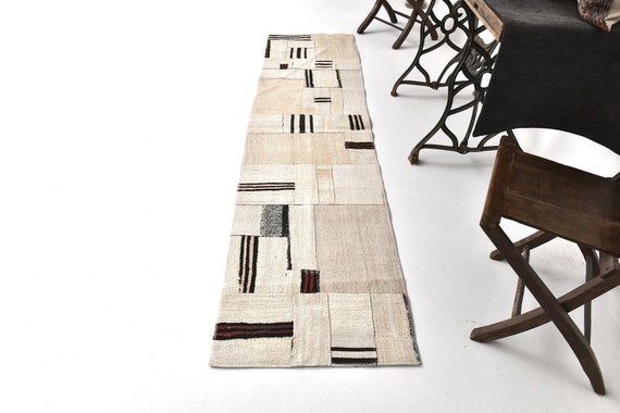 2x9 Vintage Patchwork Hemp Rug, Beige Black Red Color Rug, Organic Rug, 2x9 Hallway Rug, Vintage Turkish Tapestry, 2x9 Doorway Rug