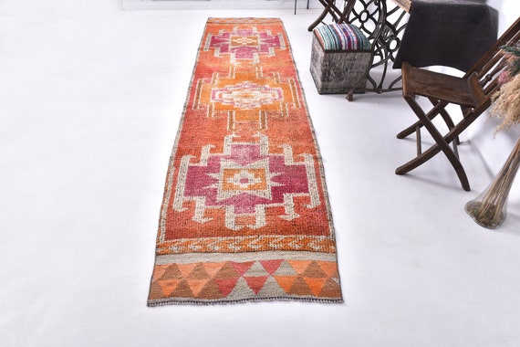 3x12 Peach Red Herki Runner Rug, 3x12 Herki Runner, 3x12 Rug, Handmade Wool Rug, Vintage Runner Rug, Rugged Rugs, Rug For Kitchen Hallway