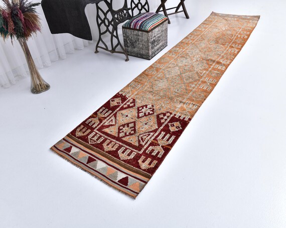2x12 Rug, 2x12 Vintage Runner, 2x12 HERKI VINTAGE RUNNER Rug, 2x12 Runner Rug, Red Orange Vintage, Geometric Style, 2x12 Turkish Runner, 57s