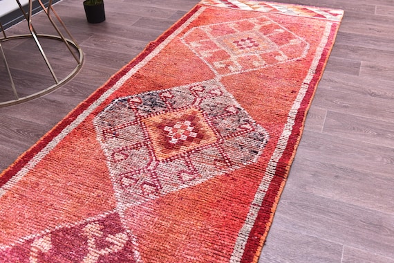 3x10 Vintage Peach Gray Herki Runnner Rug, 3x10 Handmade Soft Wool, 3x10 Geometric Medallion Runner, Peach Color, 3x10 Hallway Runner Rug,
