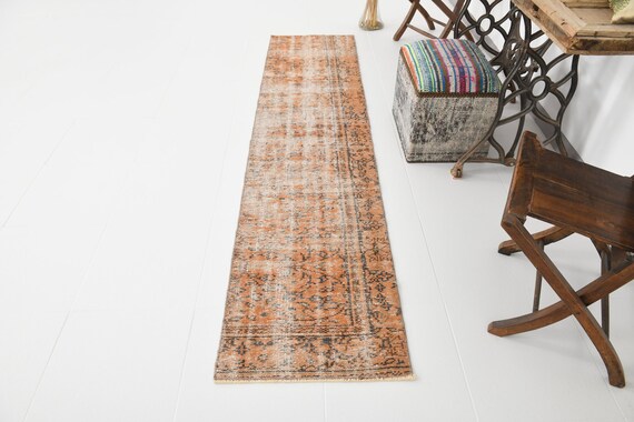 2x8 Rugs, 2x8 Vintage Runner, 2x8 TURKISH VINTAGE RUNNER Rug, 2x8, Wool Handmade Oushak, Orange & Brown Rug, 2x8 Runner Rug, Rug For Hallway