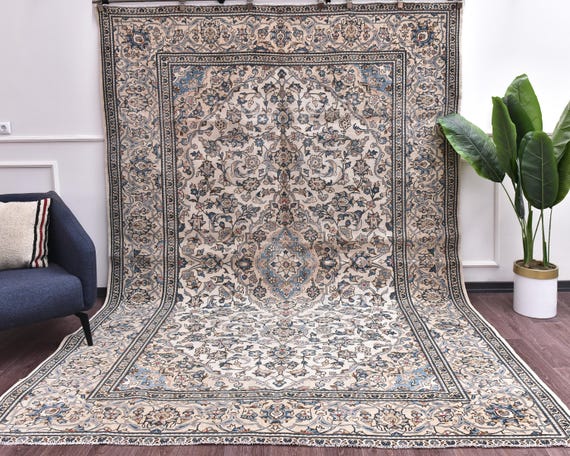 8x11 Vintage Handmade Wool Unique Wool Area Rug, Cream Blue Color