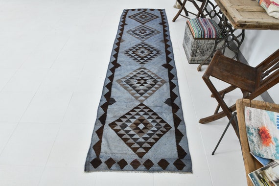 2x10 Runner Rug, 2x10 Vintage Runner, 2x10 Farmhouse Modern Kilim Runner Rug, Blue & Black Vintage Runner, Classic Stripe Narrow Hallway Rug