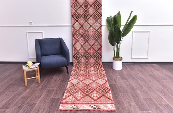 3x12 Vintage Geometric Runner Rug, Handmade Wool, Brown Peach Color, Kithcen Hallway Rug, Farmhouse Design