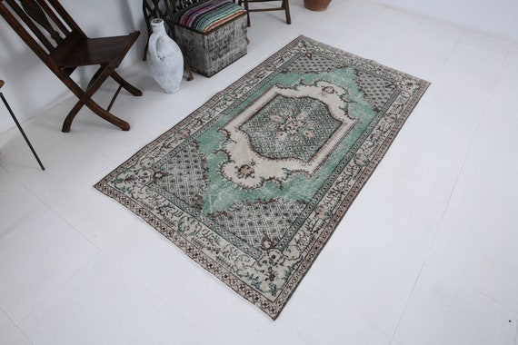 Faded Green Turkish Rug 4x7, Vintage Wool Handmade Carpet