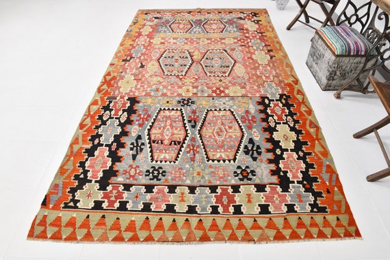 6x11 Oversize Turkish Kilim Rug, 6x11 Vintage Kilim Rug, 6x11 Kilim Rug, Wool Handmade Kilim, 6x11 Area Rug, Large Area Rug, Rugs 6x11, 60s