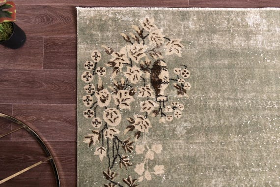 3x6 Vintage Turkish Small Accent Rug, Sage Green Color, 3x6 Floral Style Rug, Handmade Wool Rug, 3x6 Oushak Rug, Oriental Rug 3x6 Area Rug