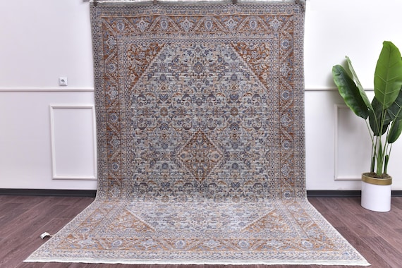 7x10 Turkish Wool Cotton Oriental Large Rug, Handmade, Natural Fiber, Blue Terracotta Color