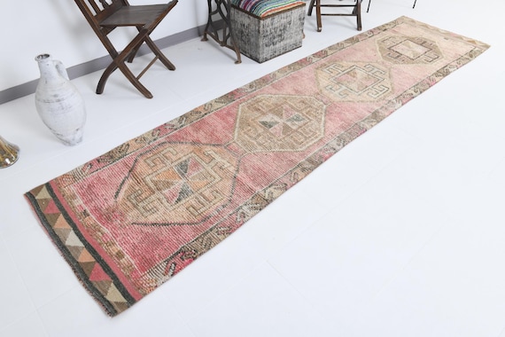 3x11 Antique Distressed Turkish Runner Rug, Vintage Runner Rug 3x11, Geometric Patterned Rug, Handmade Rug 3x11, Tribal Rug